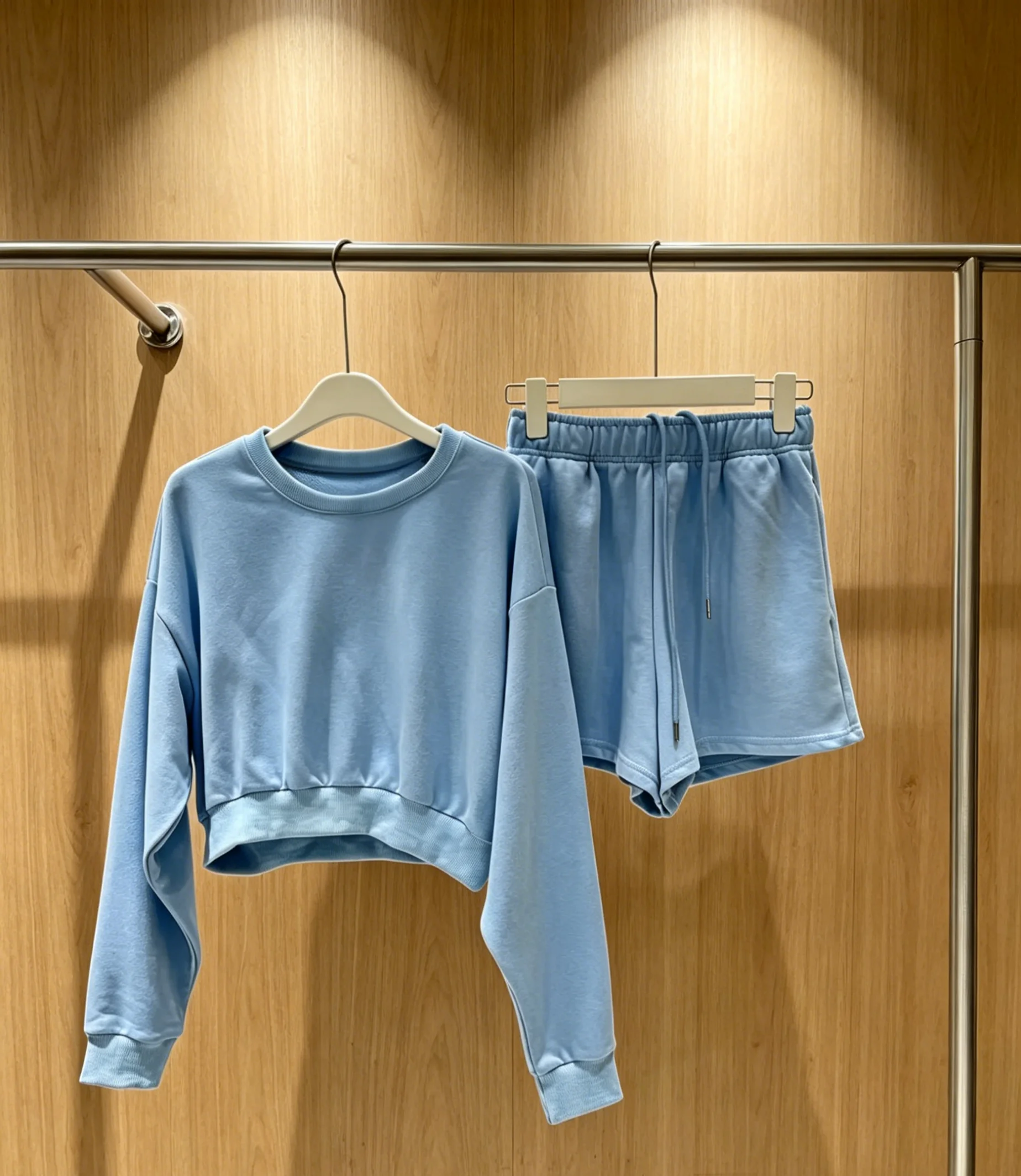 

2026 New Style Womens Blue Crew Neck Cropped Sweatshirt and Elastic Waist Shorts Size M L Simple and High Grade Code 034