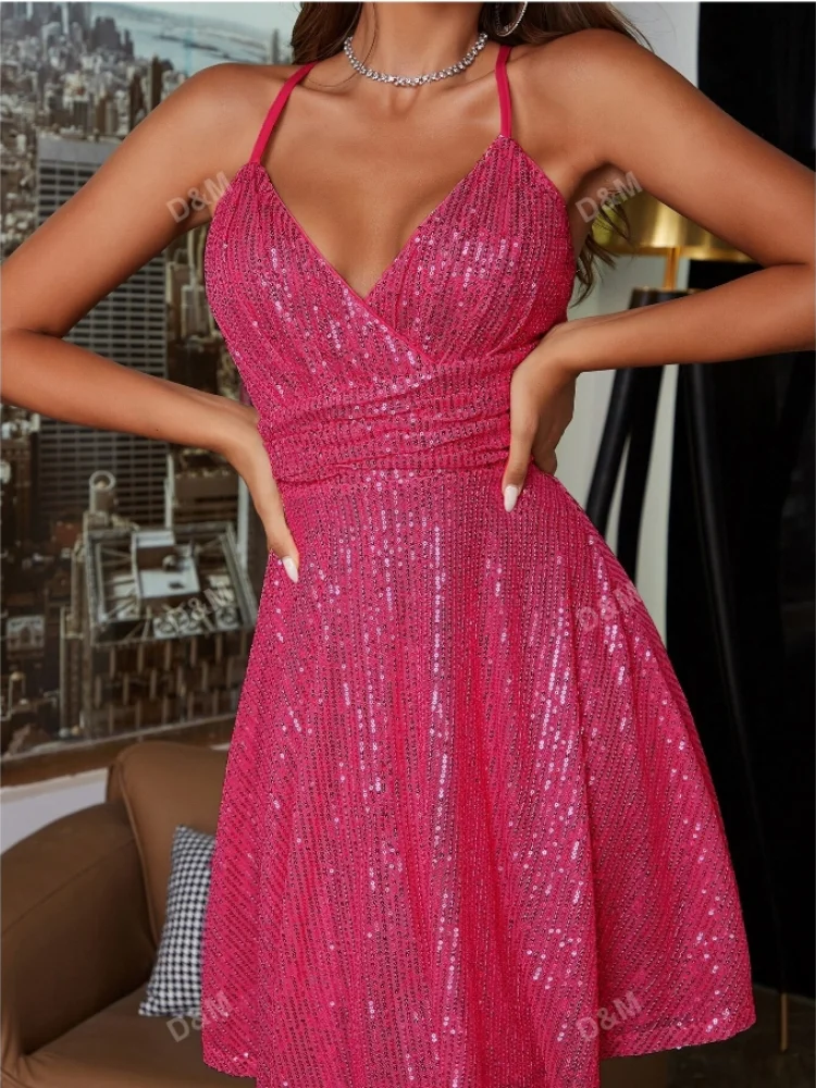 D&M 2024 Luxury Champagne Sleeveless Mini Dress Early Autumn Fashion Sequin Halter Holiday Dress Elegant Evening Dress