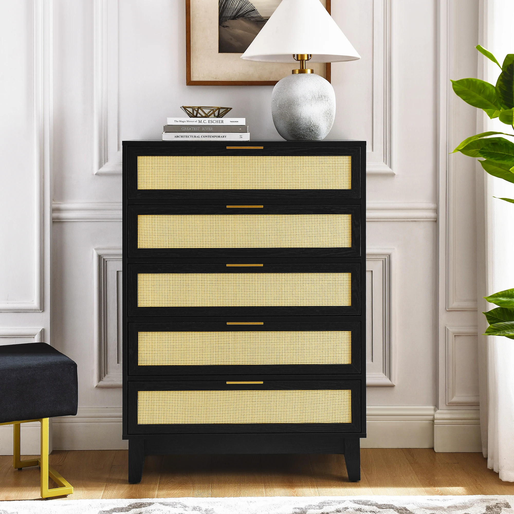 The bedroom 5 drawer dresser combines rattan material with modern wooden drawer cabinets, providing spacious storage space for t