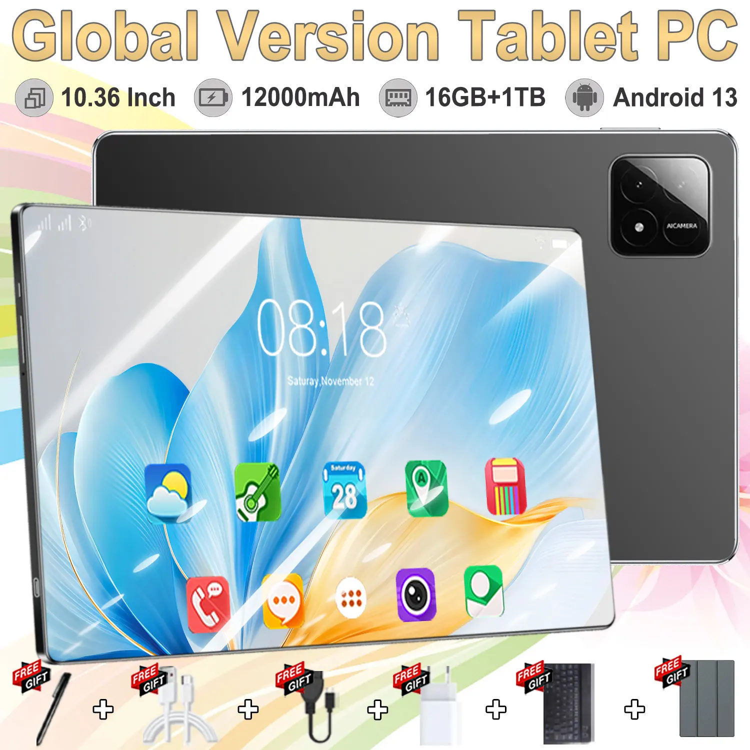 Tablette 5G Android 10,36 pouces Écran 4K HD 16 Go 1 To Réseau WiFi 12000 mAh Tablettes PC Android 13.0 Appel téléphonique 16MP+32MP 10 cœurs Double carte SIM