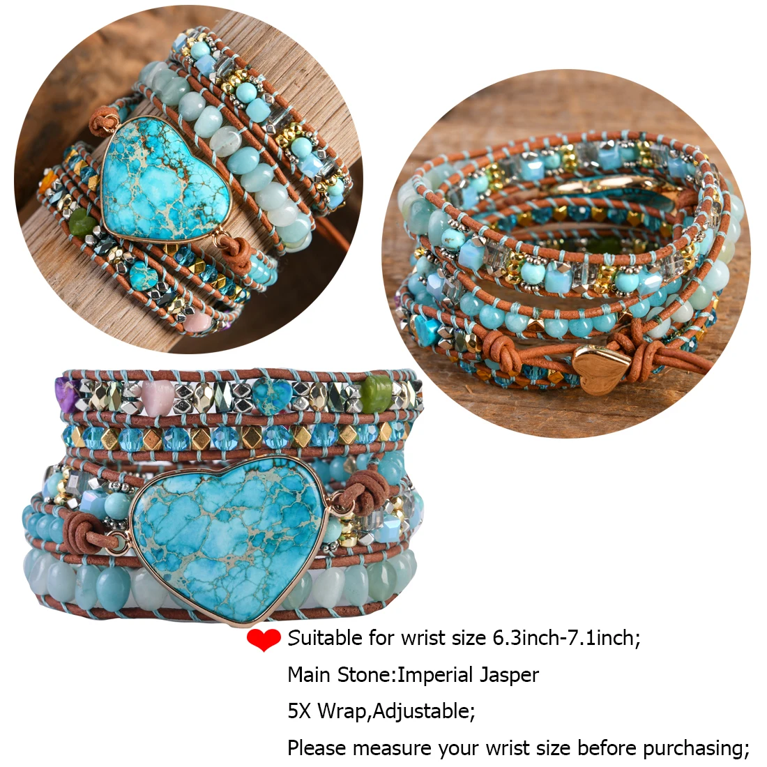 Fashion Mixed Color Natural Stone Bracelet For Women Chakra Heart   Shape Wrap Leather Chain Bracelet&Bangle Charm Jewelry