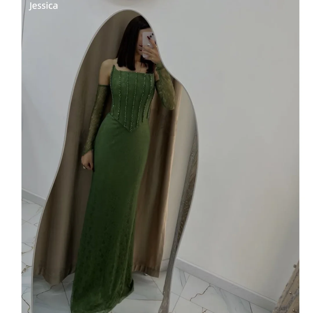 

Jessica Shimmering Fishbone Slim-Fit Evening Dresses Green Lace Embroidery Prom Dresses Formal Occasions Party Dresses
