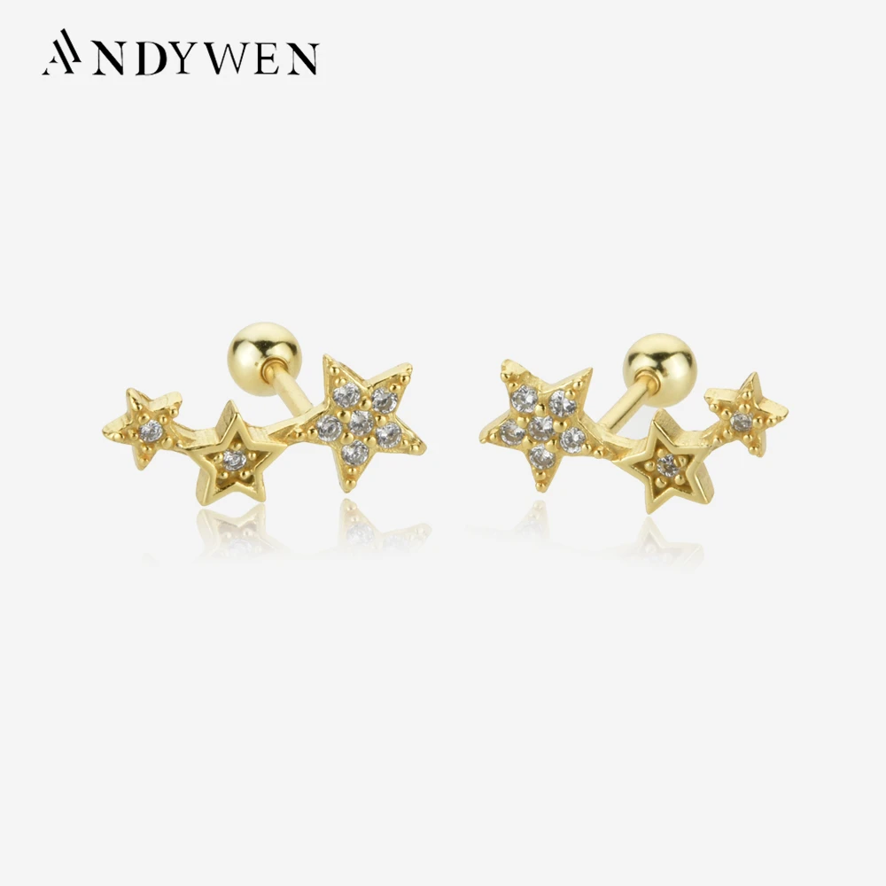 

ANDYWEN 100% 925 Sterling Silver Gold Three Star Stud Earring Piercing Pendiente Women Clips Fine Jewelry Rock Punk Jewels