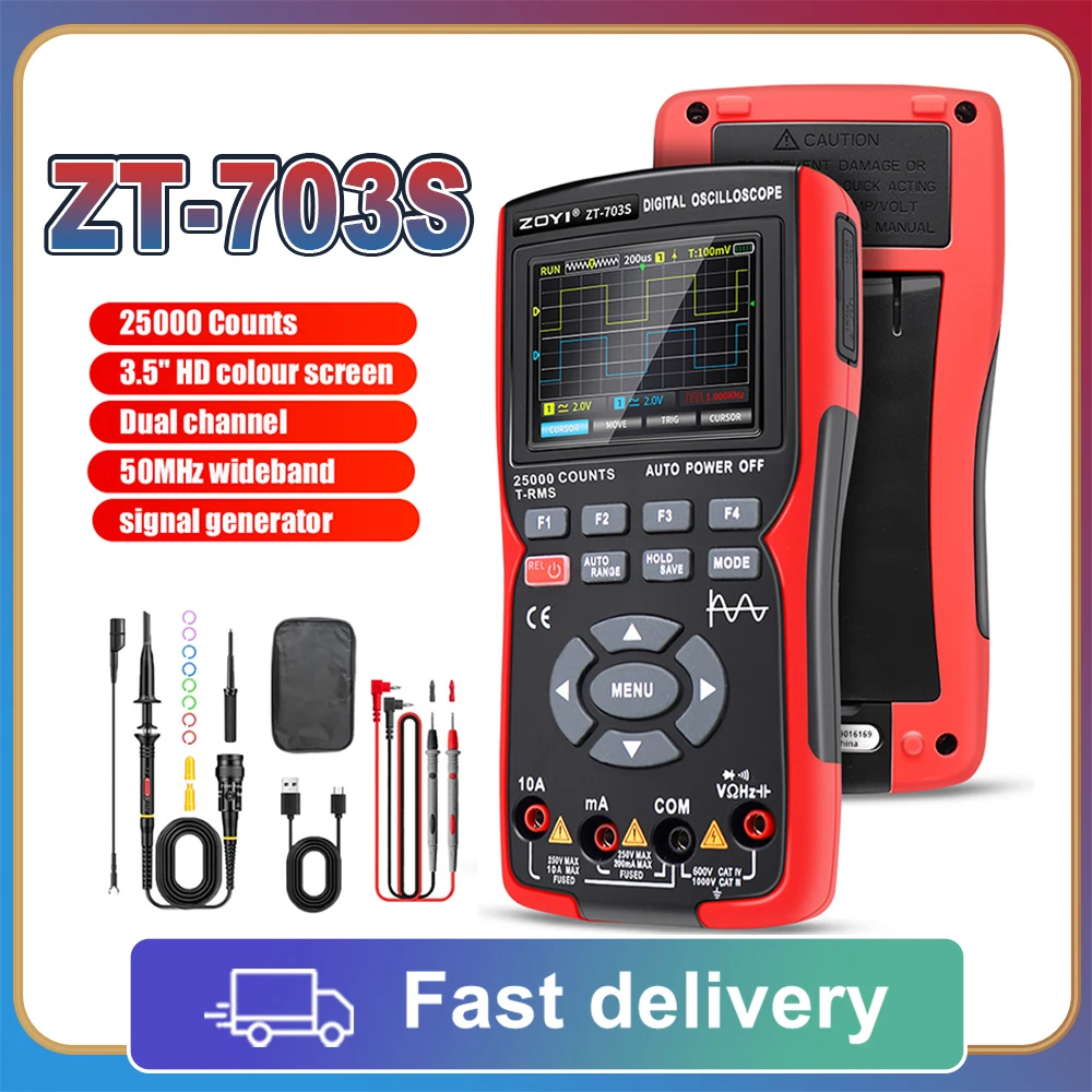 ZT-703S Oscilloscope Signal Generator 3in1 Multimeter 50MHz Bandwidth 280MS Sampling Rate PC Waveform Data Storage Dual Channel