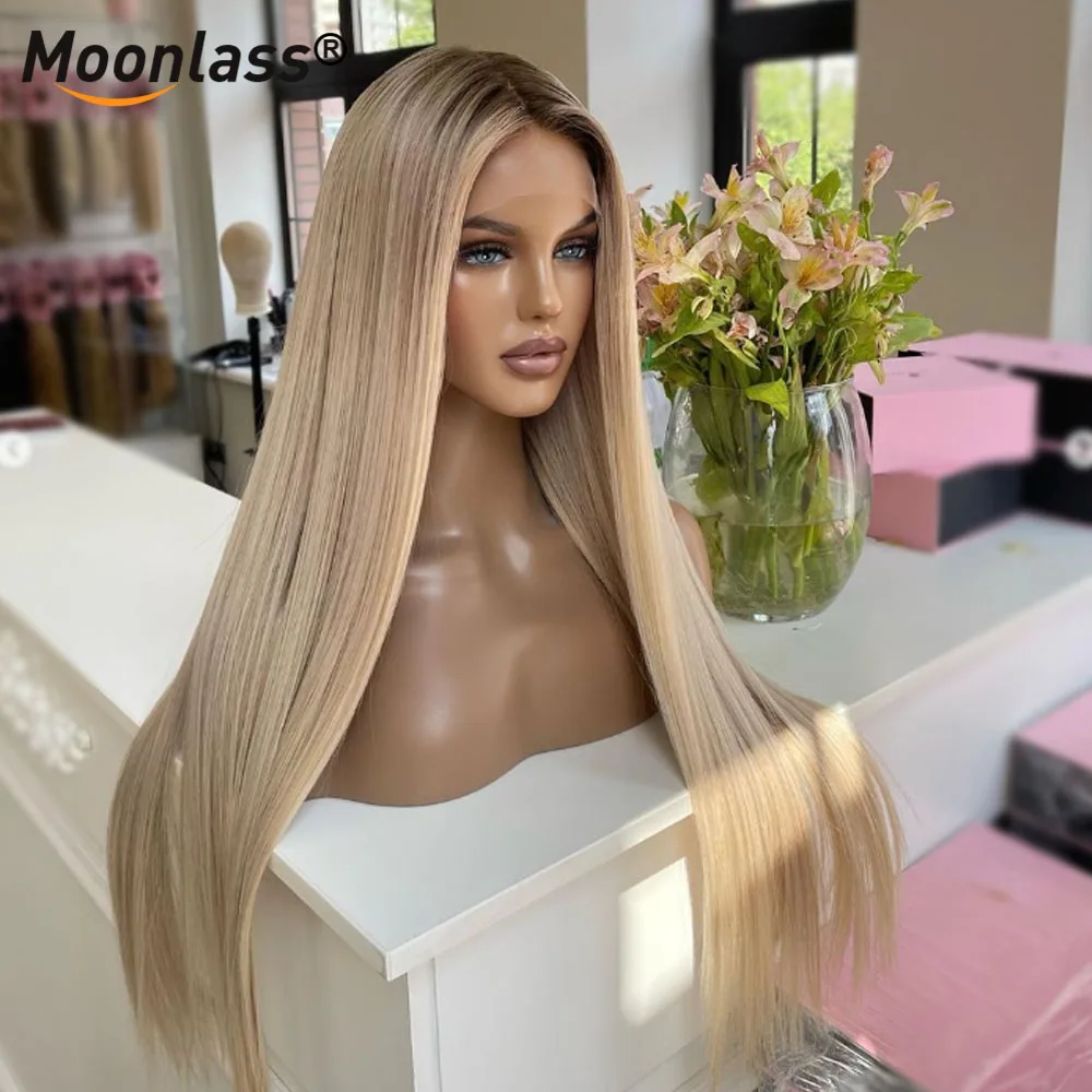 Perruque Lace Front Wig 100% naturelle brésilienne Remy, cheveux lisses, blond ombré, 13x6, pre-plucked, densité 200%