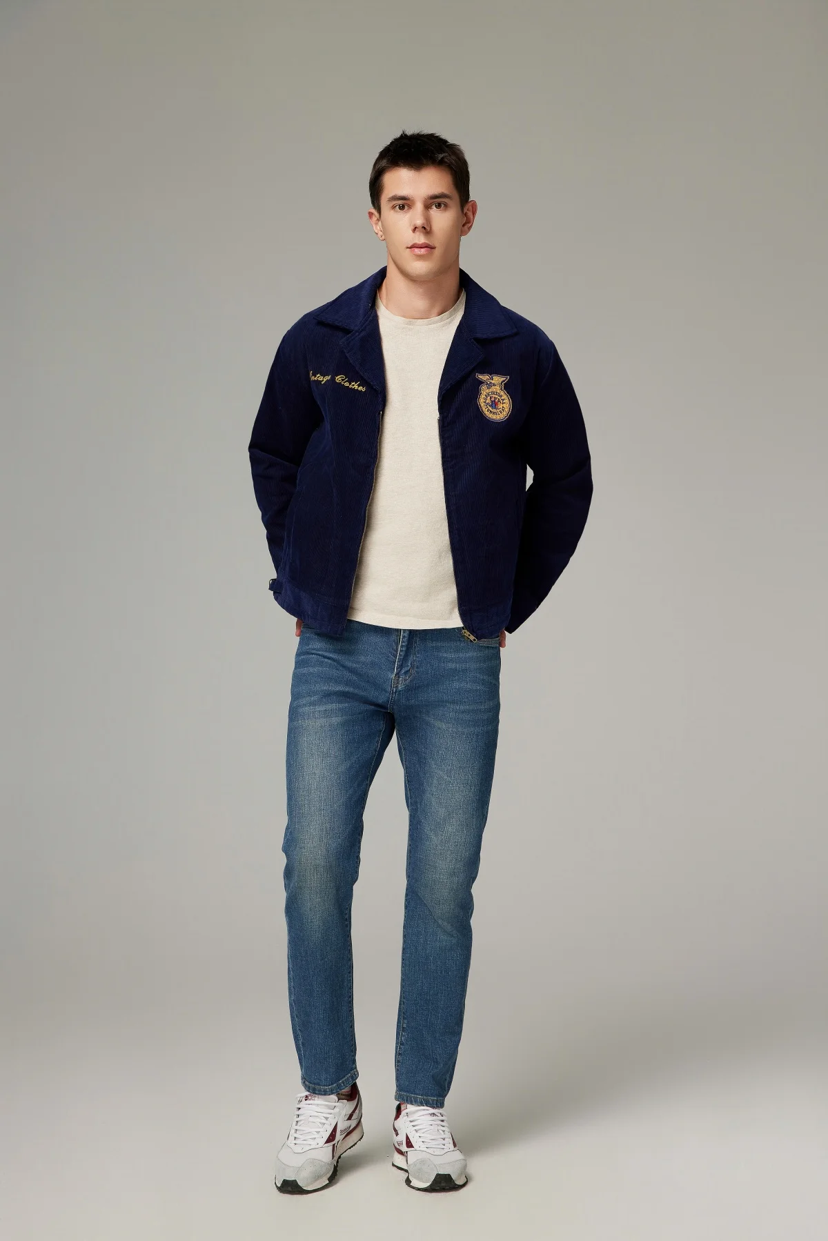 سروال قصير عتيق 60s ديترويت أزرق كحلي مقصوص ريترو خفيف الوزن منفوخ كاوبوي مطرز للعمل Ffa سترة سائق شاحنة قطنية للرجال