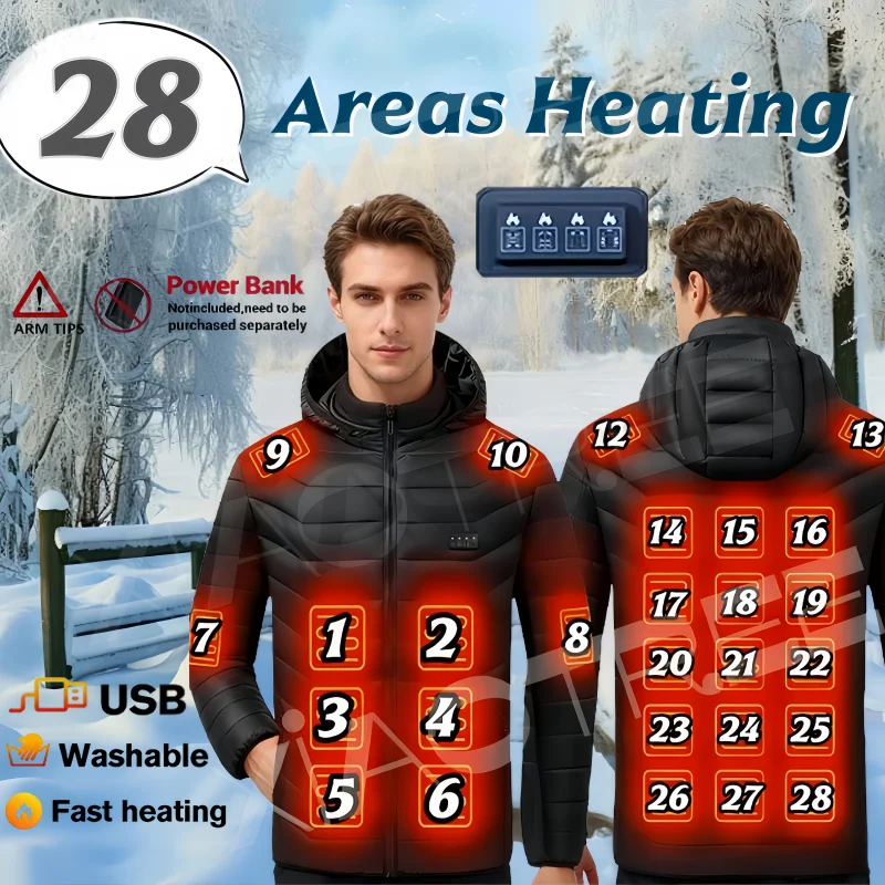28 Areas Men Women's Heating Jacket Winter USB Heated Jackets Smart Heated Clothing Ski Camping Waterproof Warm Self Heating