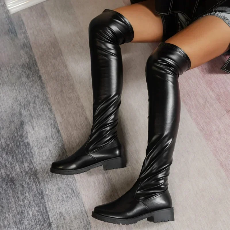 Bottes au dessus du genou pour femmes, cuissardes, talons bas, tendance, élégantes, grande taille, confortables, mode, tête ronde, noires