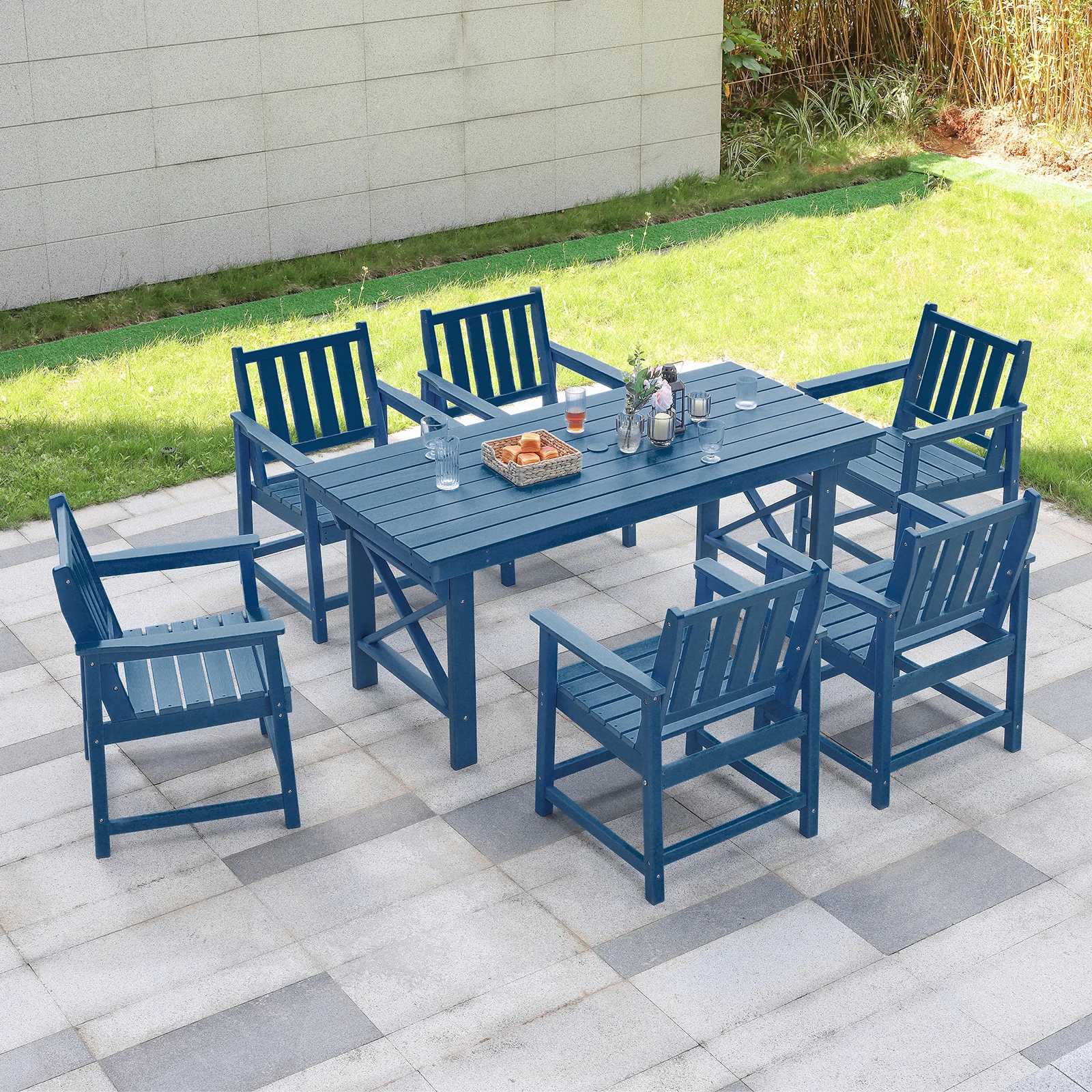 

SeeHill Navy HDPE Patio Dining Set, 7-Piece Outdoor Furniture Set with Table and Chairs, Weatherproof Design with Umbrella Hole