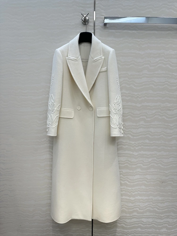 

Новое осенне-зимнее элегантное женское двубортное длинное пальто из кашемира с вышивкой высокого качества