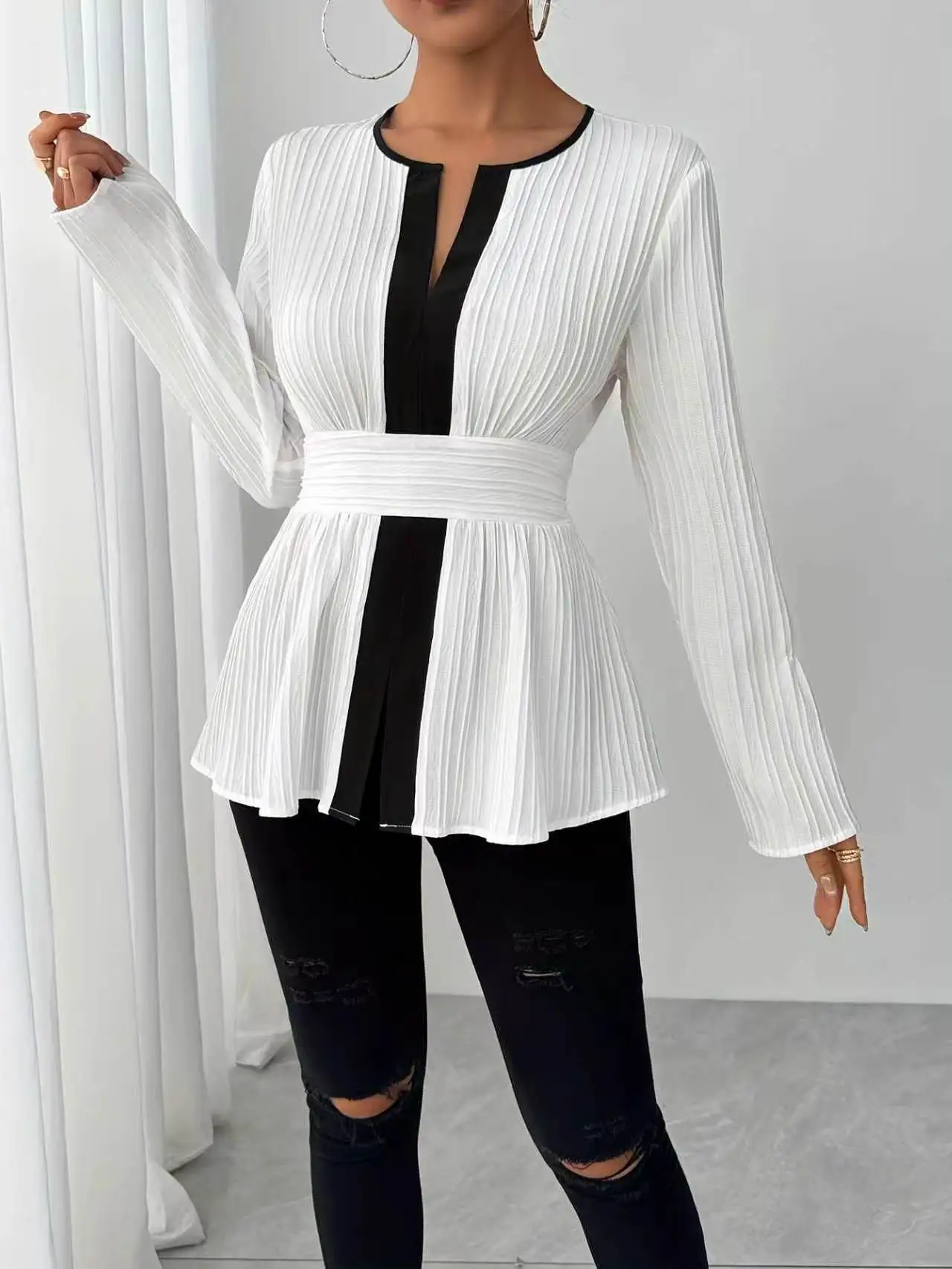 Elegant Color Block Bell Sleeve T-Shirt Casual Loose Fit Waist Drawstring Top for Daily Wear