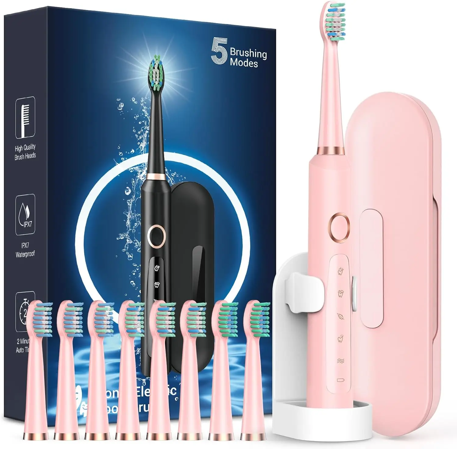 Sonic Electric Toothbrush for Adults - Rechargeable Electronic Toothbrushes with 5 Modes and 8 Brush Heads, Electronic