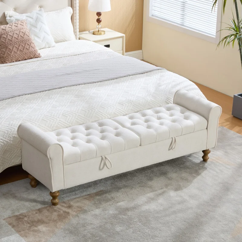 Banc moderne avec 2 coussins et un compartiment de rangement, pouf en velours avec accoudoirs arrondis, peut également servir de lit de repos, pieds en bois d'hévéa, pour le salon, le couloir ou la chambre, couleur : beige