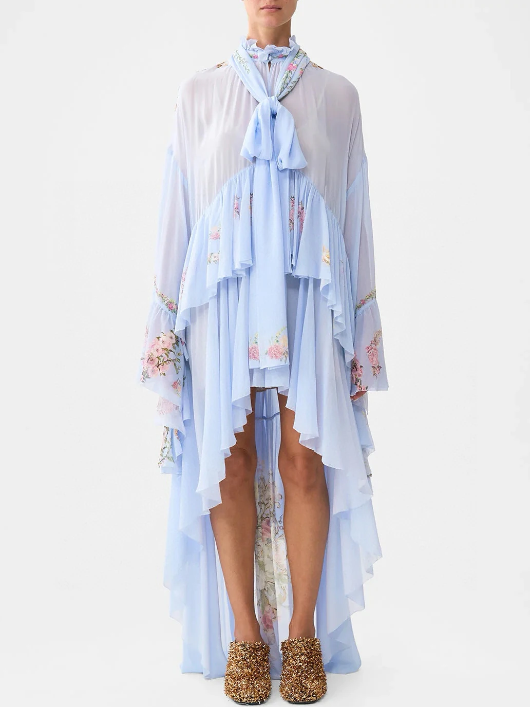 

100% Real Silk Chic Light Blue Floral Chiffon Dress Women Ruffle Trim Tie Neck Asymmetrical Hem Maxi Dress