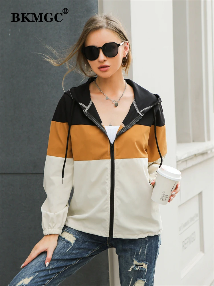 

BKMGC Women Jacket Spring 2022 Casual Autumn Zipper Color Contrast long sleeve Fashion Pocket Hooded Winter Women's Coat 6799