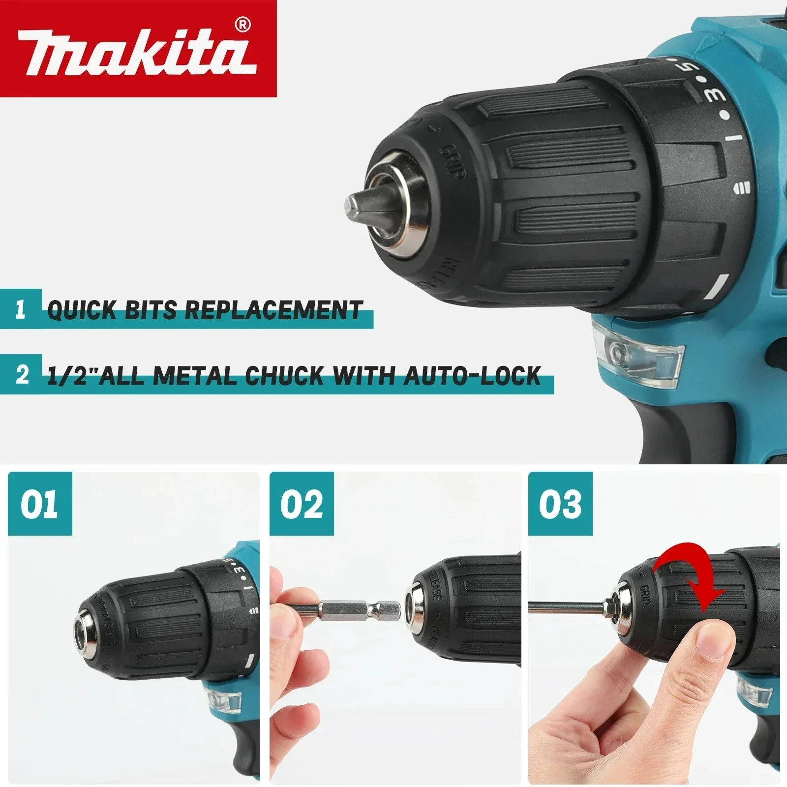 マキタ DDF485 コードレスドリル：18V、40N.mトルク、0-2200RPM、1/2インチオートロックチャック、ブラシレスモーター、ネジ締めと穴あけに最適