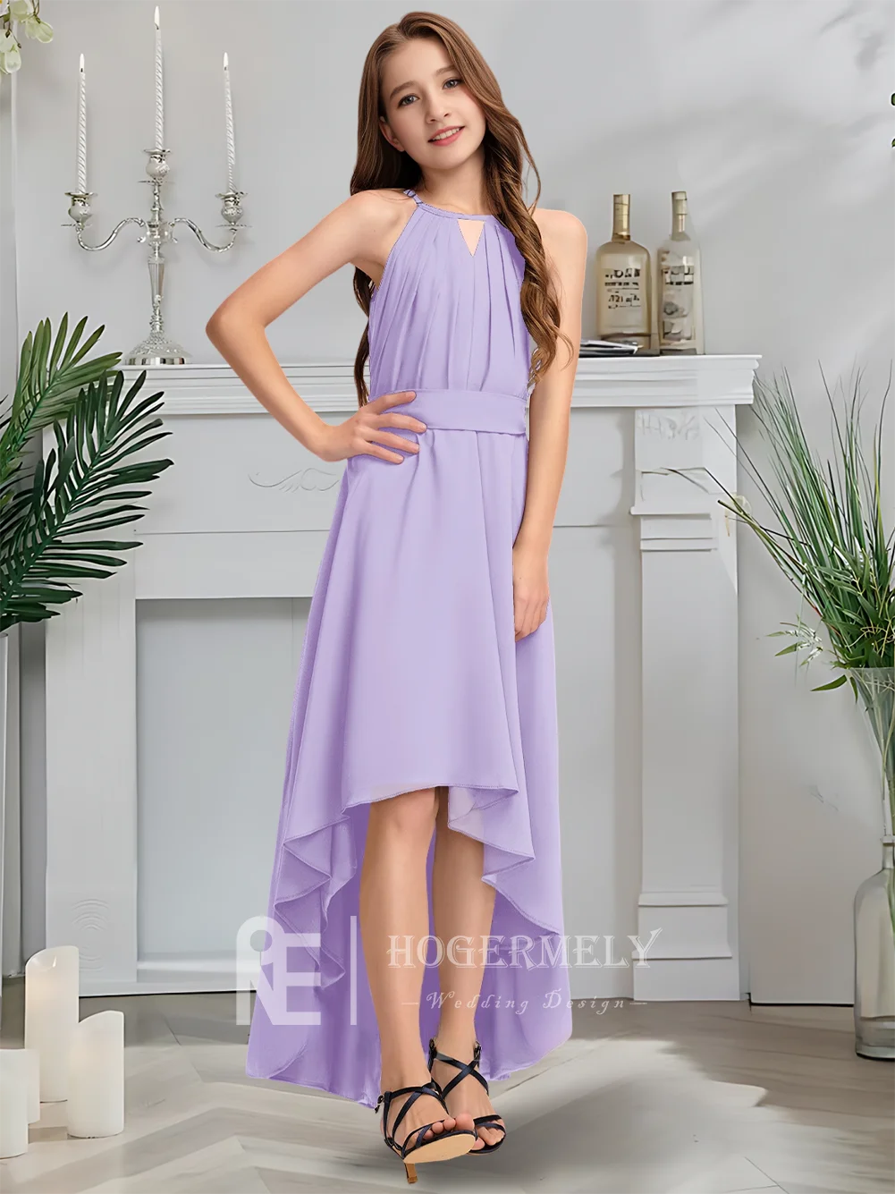 A Child Navy Halter Junior Bridesmaid Dress Flower Girl Dress Chiffon With Bow Pleats Wedding For Kid Girls Party Formal Dresses