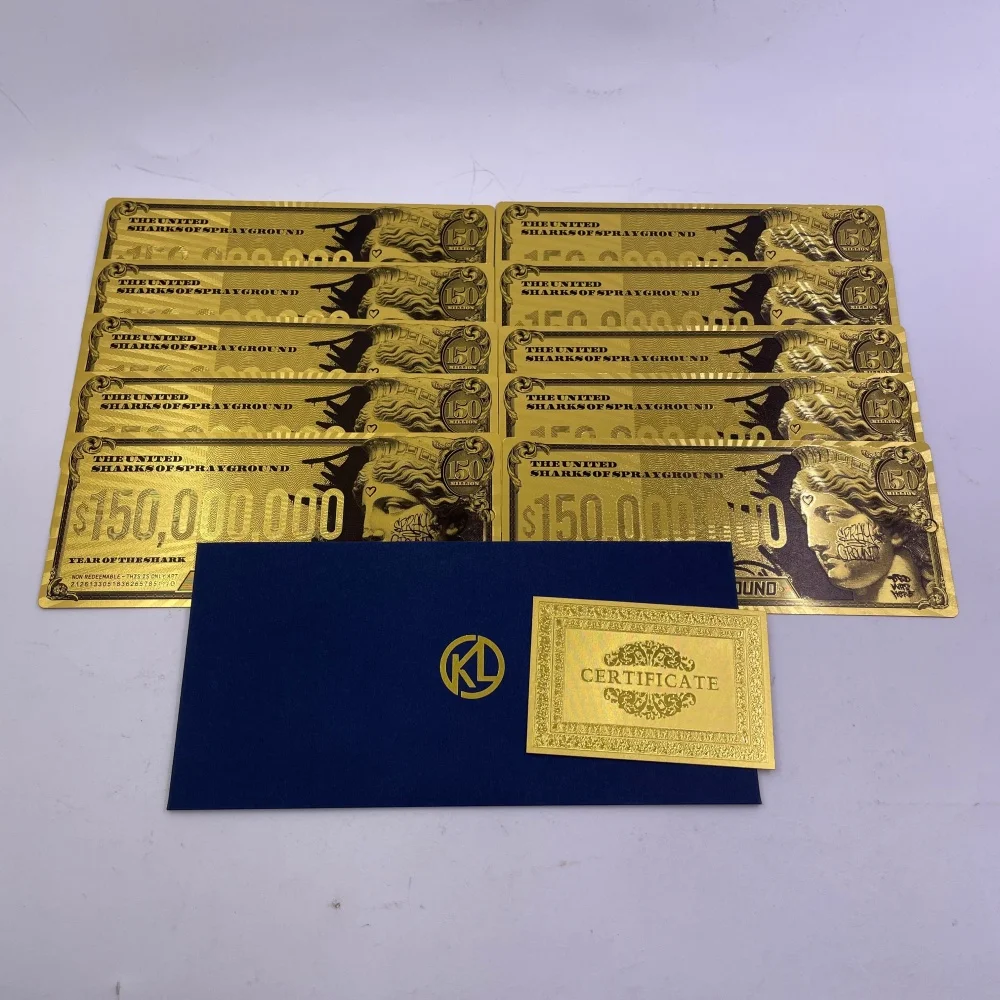 

Sprayground Year of the Shark Art Money — золотистая и красная коллекционная позолоченная банкнота на сумму 150 миллионов долларов.