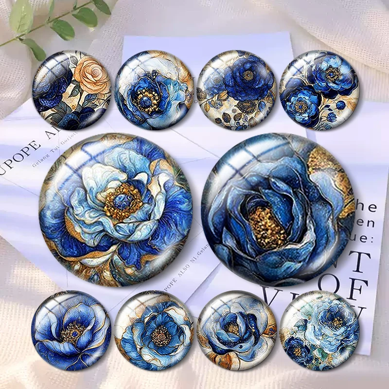 

Blue & Gold Glitter Glitzy Flowers 10pcs 12mm/18mm/20mm/25mm Round photo glass cabochon demo flat back Making findings