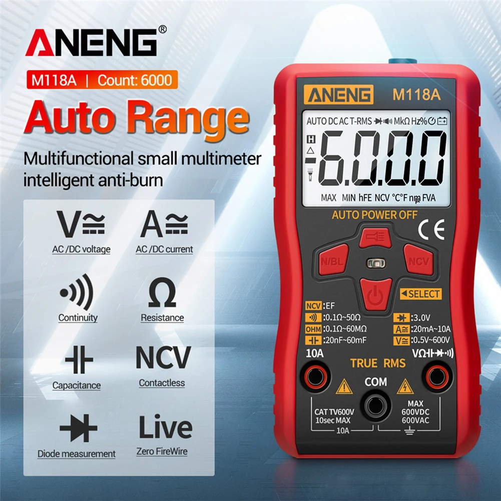 M118A Digital Mini Multimeter Tester Auto Mmultimetro True Rms Tranistor Meter with NCV Data Hold 6000counts Flashlight