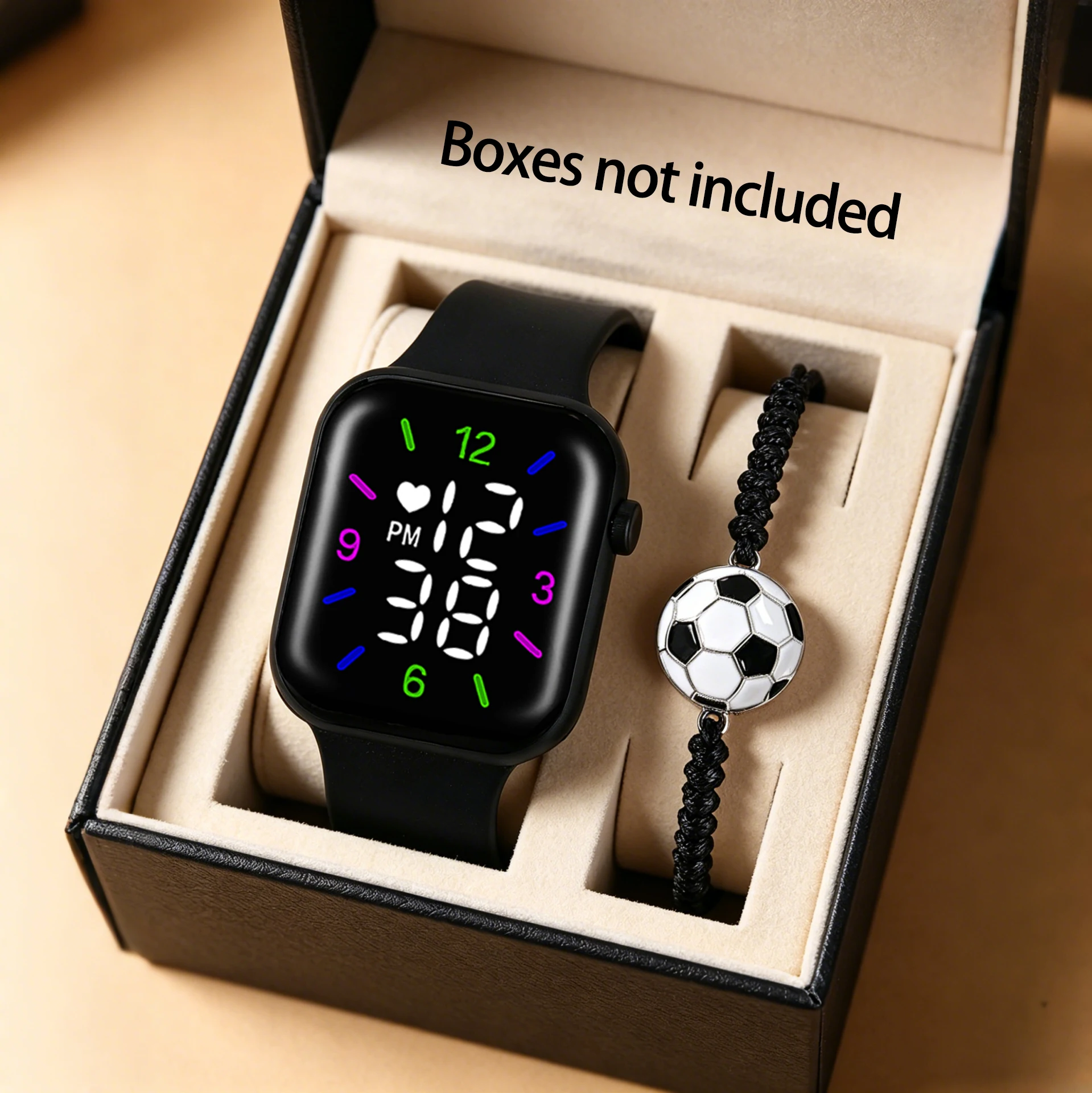 2-Piece Set of Black Silicone Digital Watches with a Simple Football Series Accessory Set, Suitable for Daily Wear and Holiday Parties No Smart Functions