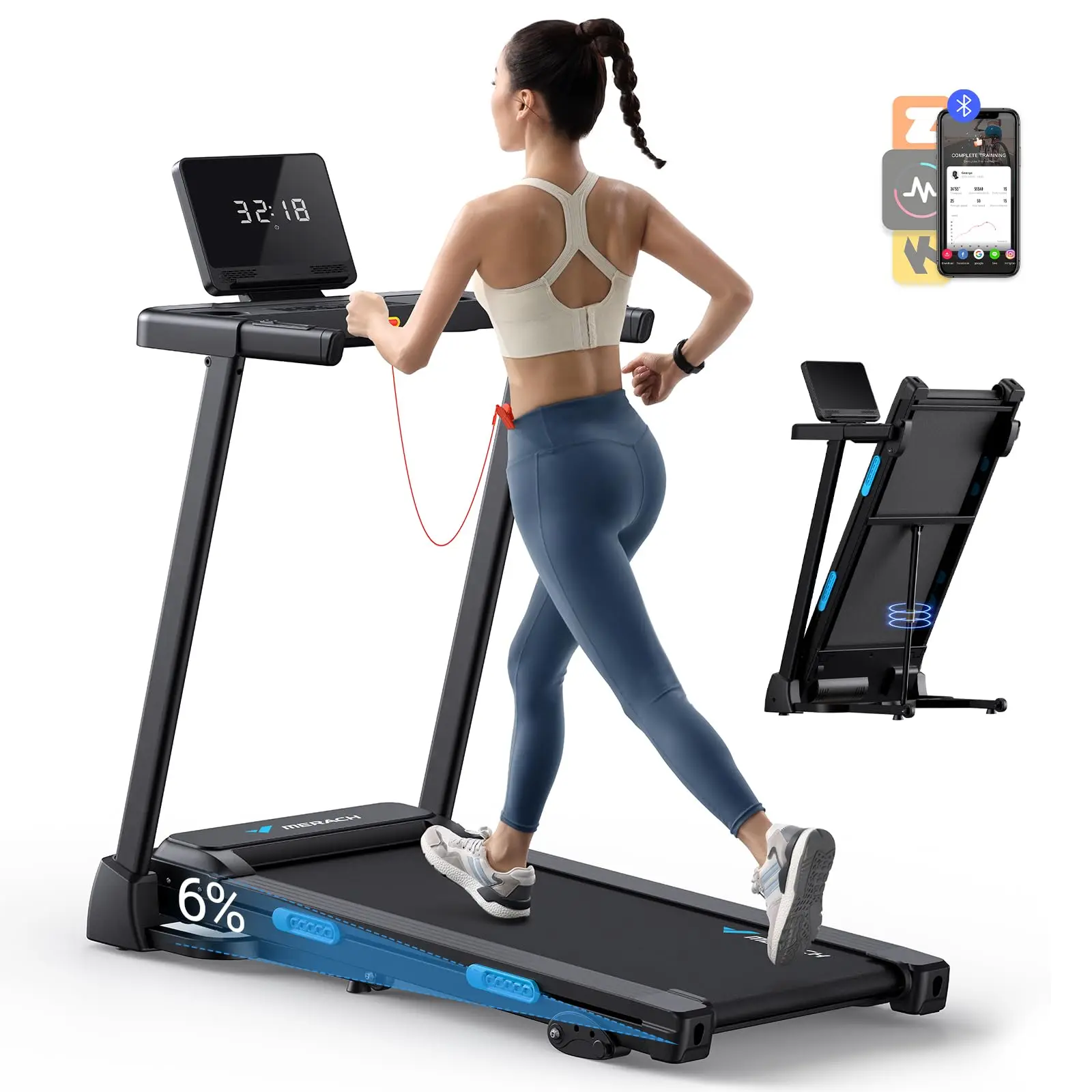 MERACH Foldable Treadmill with Incline Quiet Treadmills Double Deck Technology 4 Silicone Shock Cushion Heart Rate Monitoring