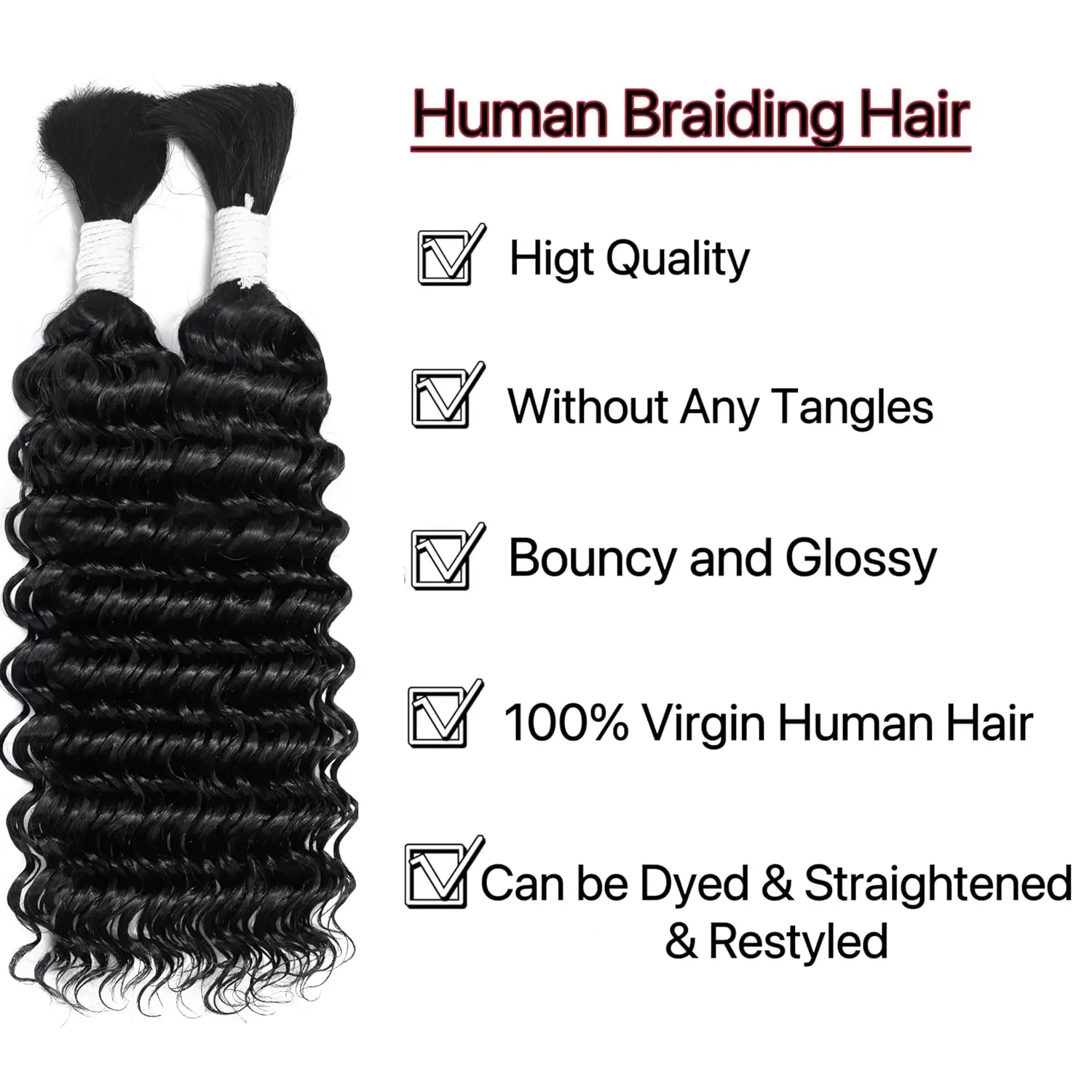 Deep Wave Bulk Human Hair for Braiding No Weft 100% Unprocessed Brazilian Virgin Hair for Boho Braids Wet and Wavy Human Hair