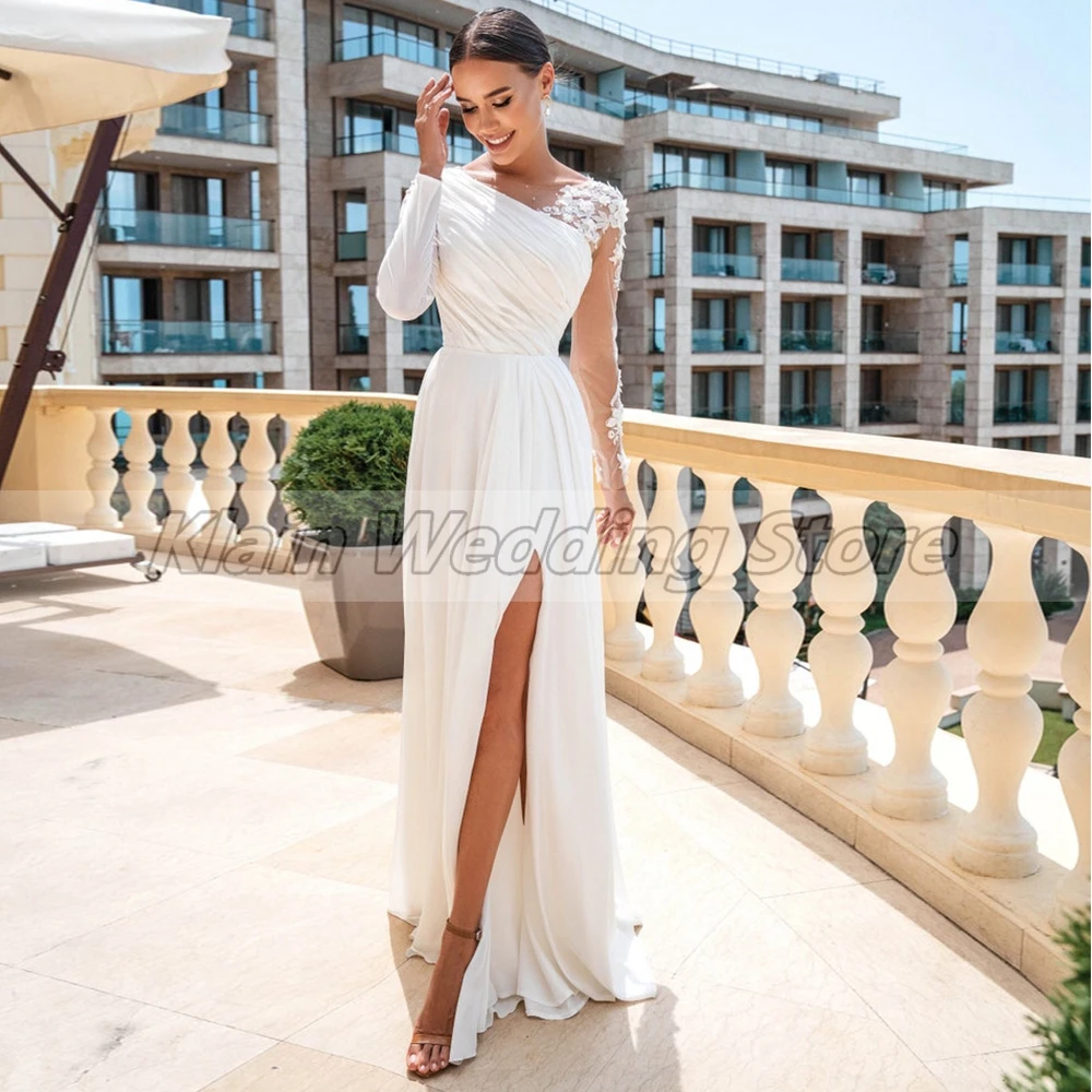 Customized Fashion Bride One Shoulder Split Wedding Dress Elegant And Chic Pleat O-Neck Floor Length Appliques Civil Bridal Gown