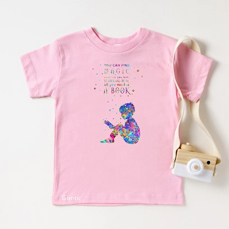 

Watercolor Magic Book Print Tshirt Baby Girl's Pink Top Children's Clothes Lovely Teen Kids T-shirt Graphic Tees 2-13 Yrs