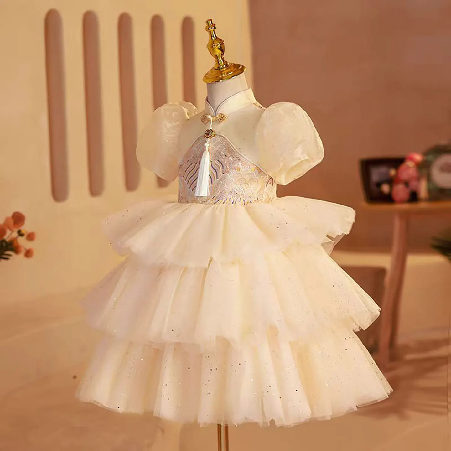 Dreamy D003 Vow Elegante stile cinese con nappe a strati in tulle a fiori con maniche a sbuffo per bambini, matrimonio, compleanno, festa, abito da ballo