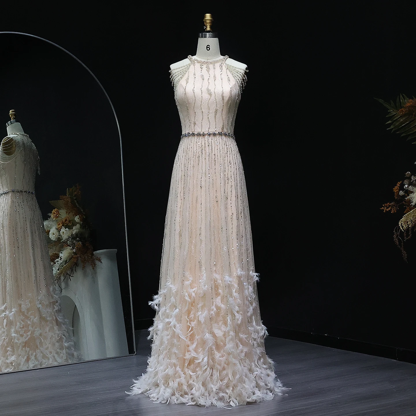 Sharon Said vestido de noche de encaje con cuentas árabes crema de plumas de lujo para mujer vestidos de fiesta nupcial de boda de Dubai SS595 personalizado