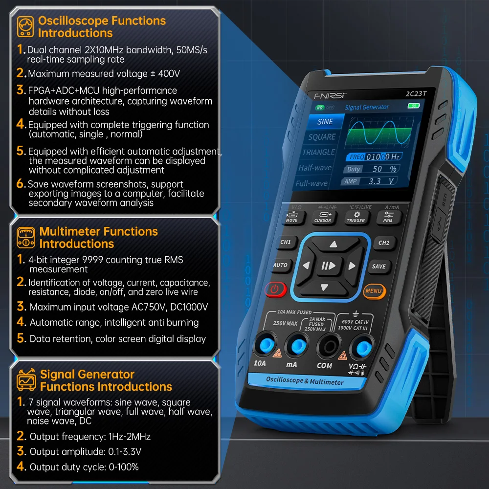 FNIRSI 2C23T Handheld Digital Oscilloscope Multimeter + Function Signal Generator  2023 Latest 3IN1 Dual Channel 10MHZ*2 50MS/s