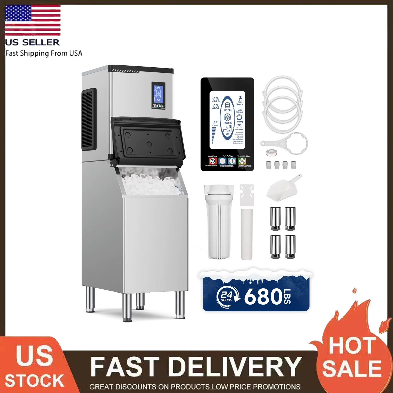 

Commercial Ice Machine 680LBS/24H, Storage 560LBS, Large Industrial Ice Maker, Ice Ready in 5-15min with Self-Cleaning Mode