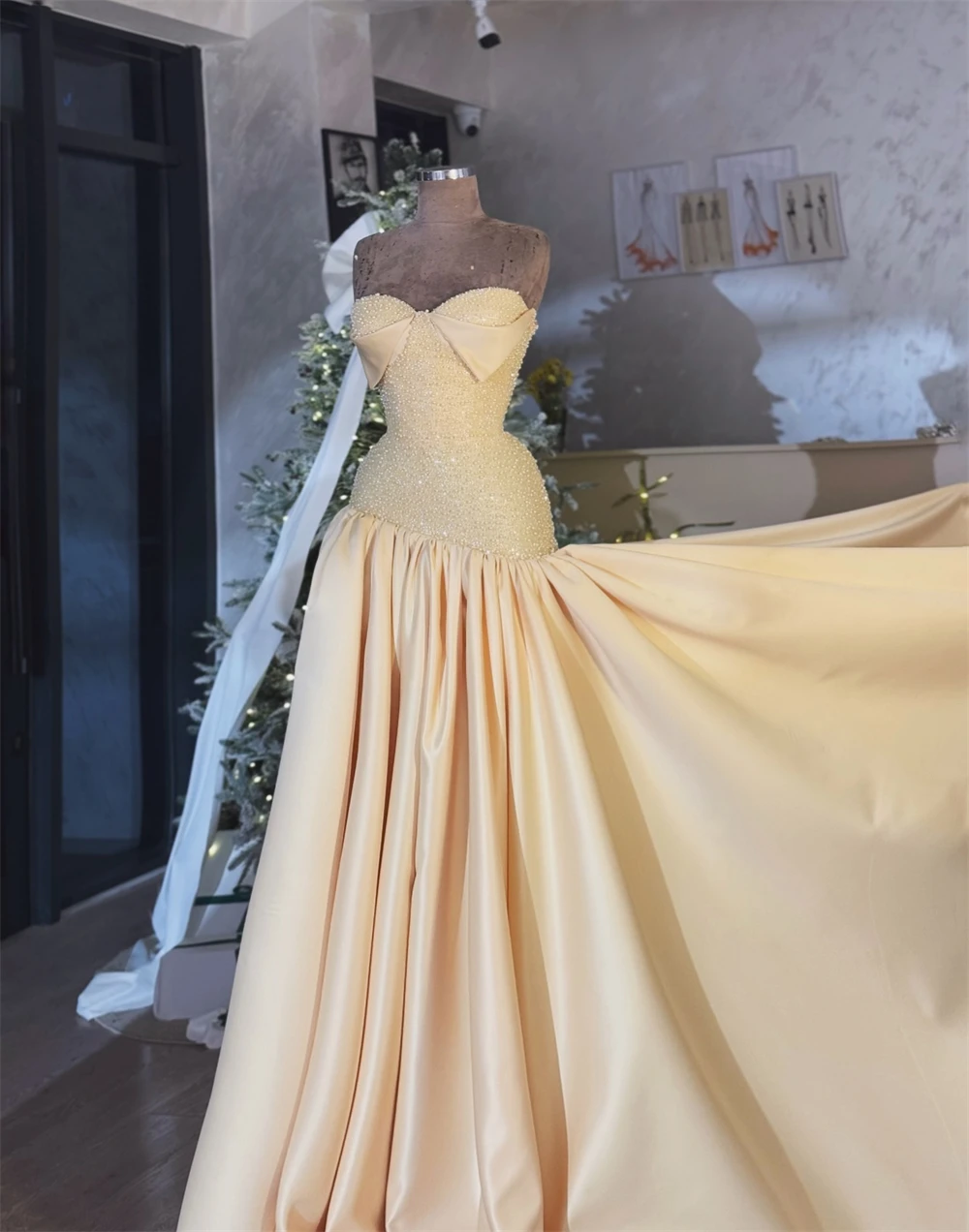 Sansa Customized Light Yellow A-line Sweetheart Neck Prom Dress Sleeveless Beading Vestidos De Noche Floor-Length Formal Evening