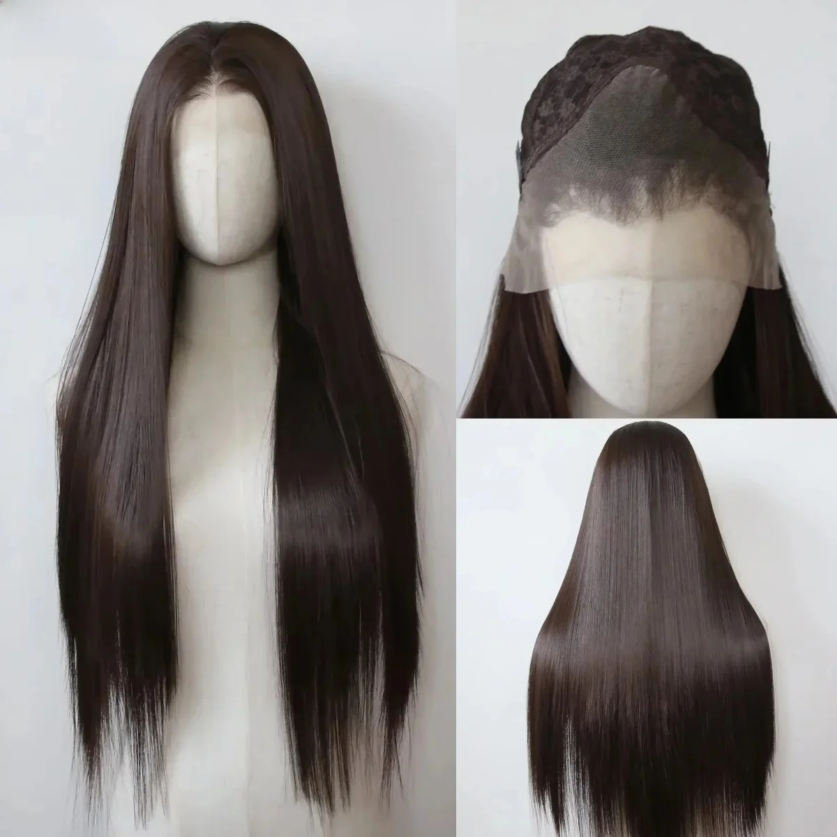 Ashley 13*4 dunkelbraune synthetische Lace-Front-Perücken, braune lange gerade Lace-Front-Perücke für Frauen, vorgezupfter natürlicher Haaransatz