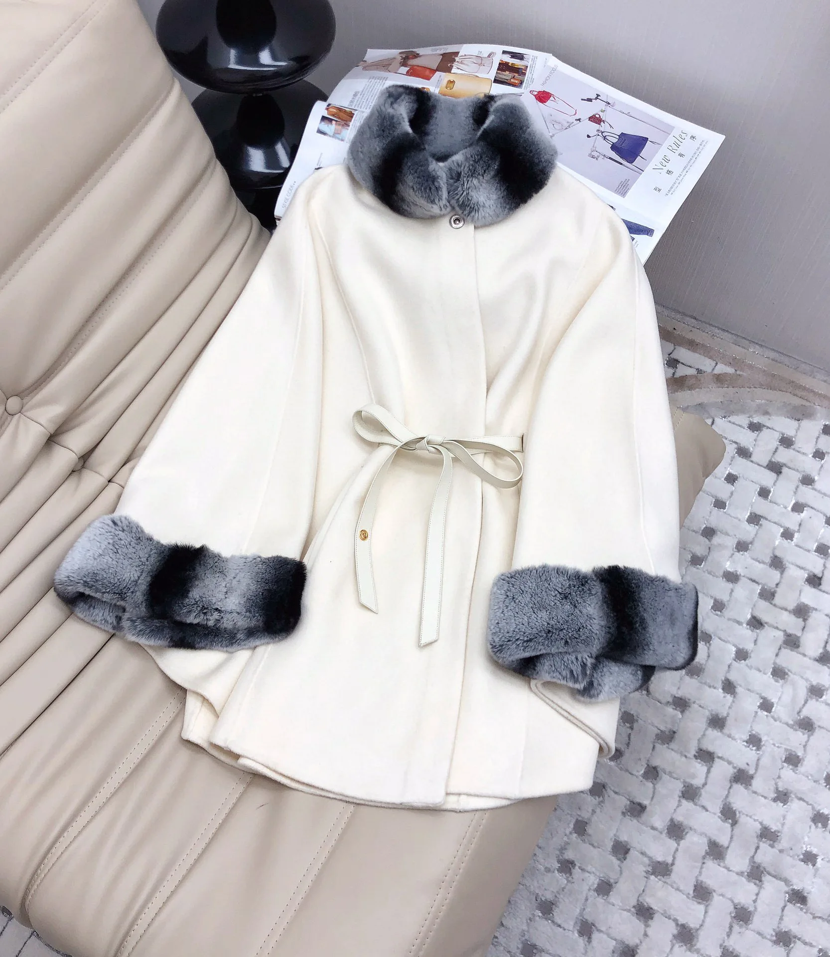 Fur Collar Cuffs Belted Cashmere Cape Coat