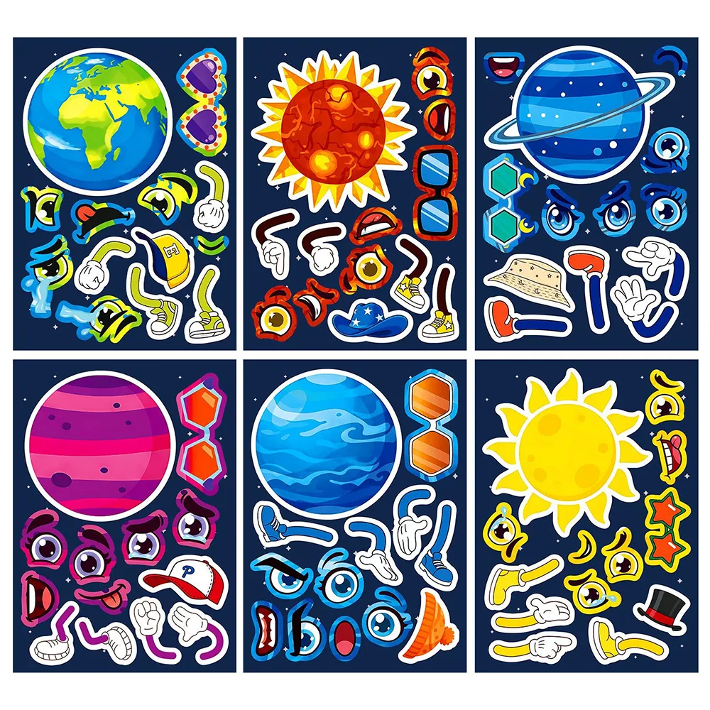 6/12Sheets DIY Universe Planet Puzzle Stickers Children's Planet Face Making Assembly Puzzles Fun Games Stickers Children's Toys