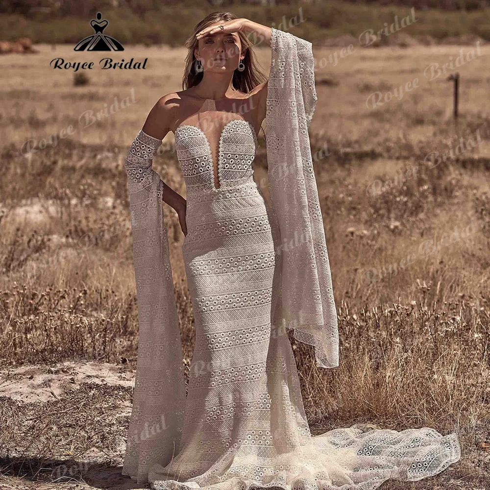 Sexy Bohemian Elopement Lace Mermaid Boho Long Sleeve Wedding Dress 2024 Rustic Bridal Party Gowns vestido de novia boda civil