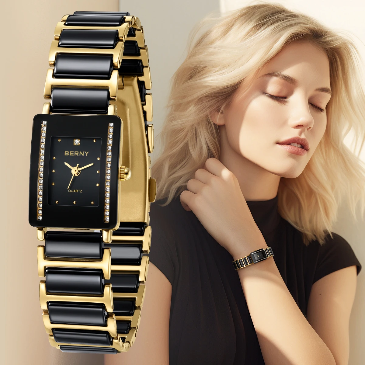 Berny Merk Keramische Vrouwen Quartz Horloge Goud Japan Berny Xv12 Quartz Mode Koper Case Luxe Armband Dames Polshorloge