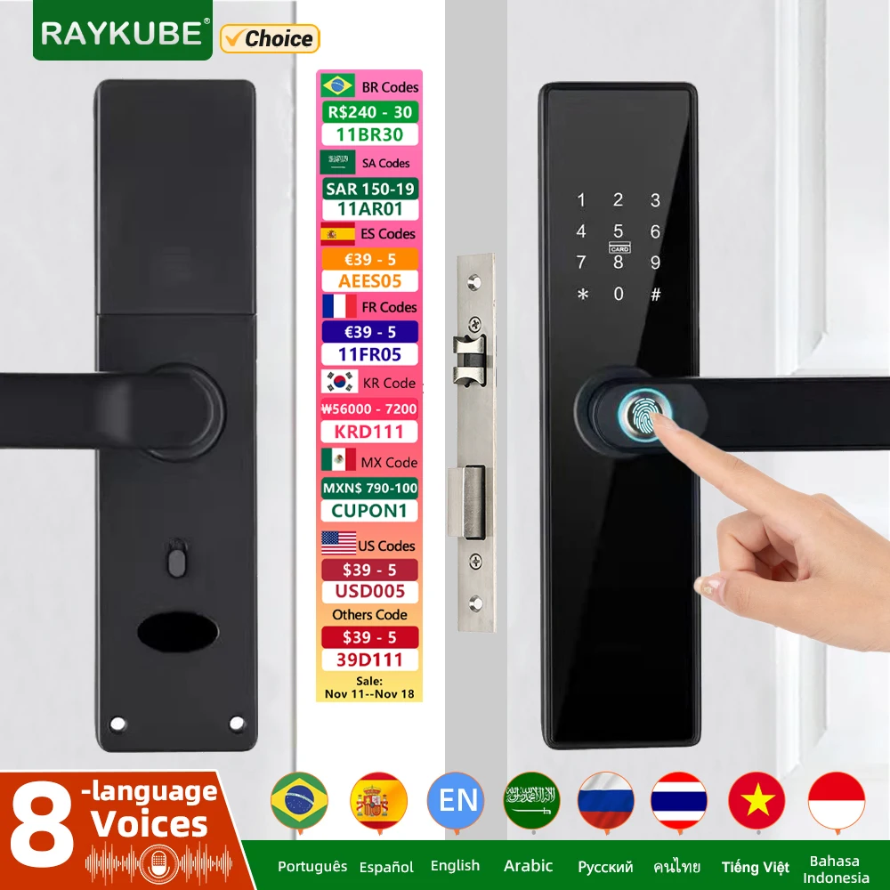 NEW RAYKUBE H4 Tuya Electronic Lock Wifi Smart Door Lock Fingerprint Lock Password IC Card Key USB Charge For Smart Home