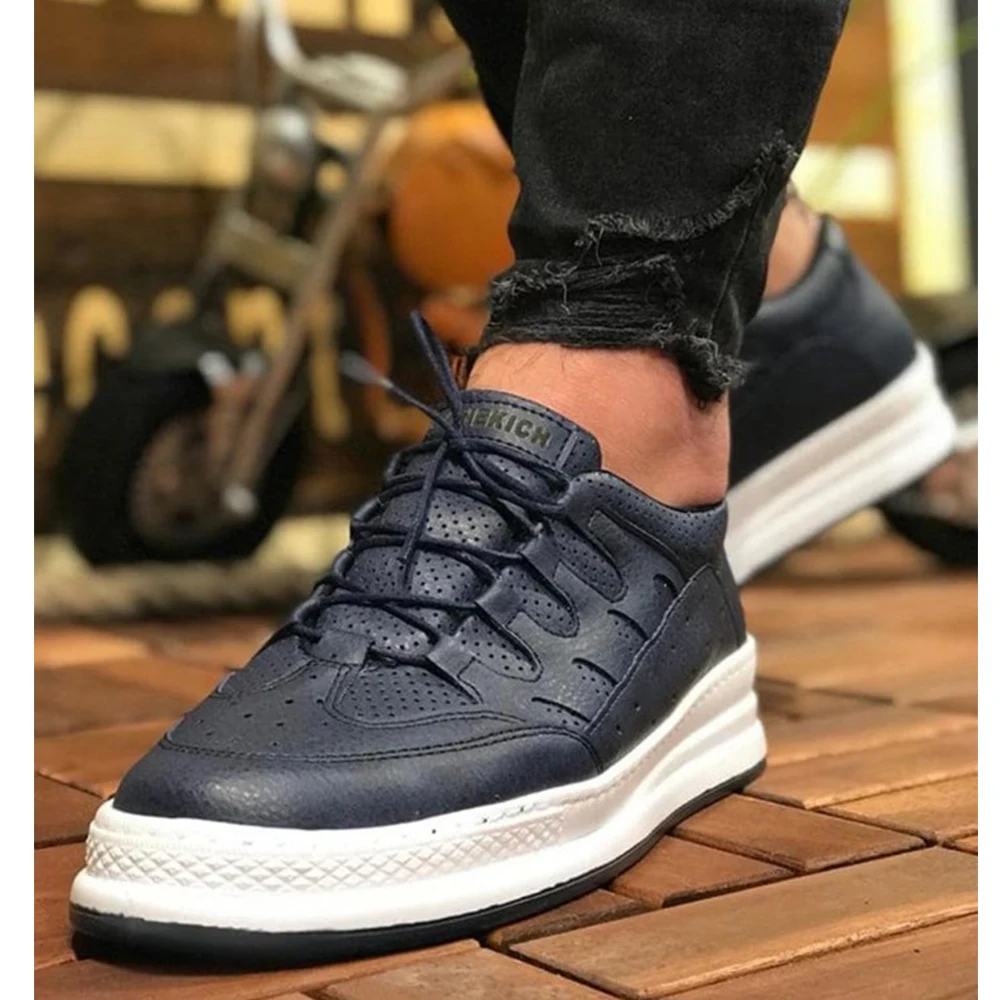 FOH Store Sneakers for Men Women NAVY BLUE Artificial Leather 2023 Spring Autumn Casual Lace Up Fashion Shoes High Base Sport Comfortable Light Vulcanized Daily Original Odorless Orthopedic Suits Office Wedding 040