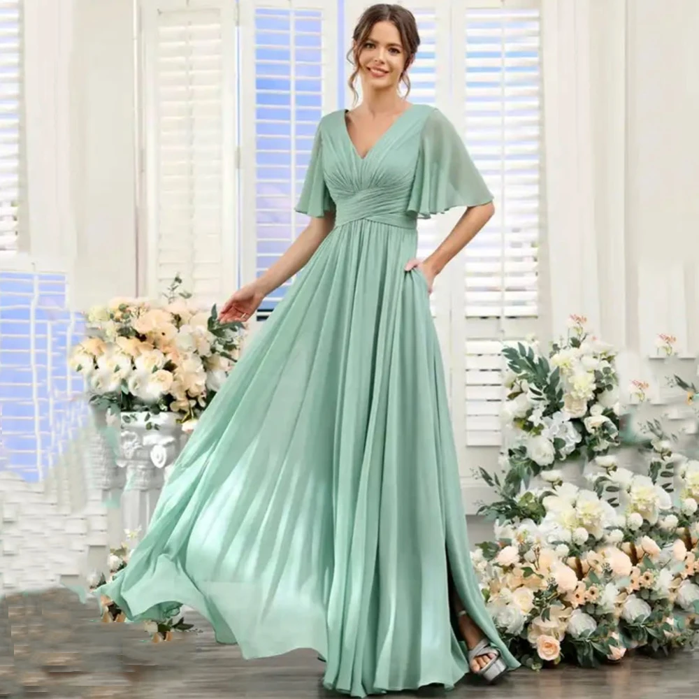 

Classic Bridesmaid Dresses Litter Greem Elegant A-line Short Sleeves Sweep Train V-neck Split Skirt Women Party Evening Gown