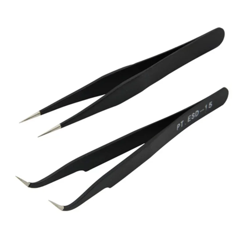 Pinças antiestáticas, pinças de precisão DIY pretas para nail art e ferramentas de beleza de extensõ