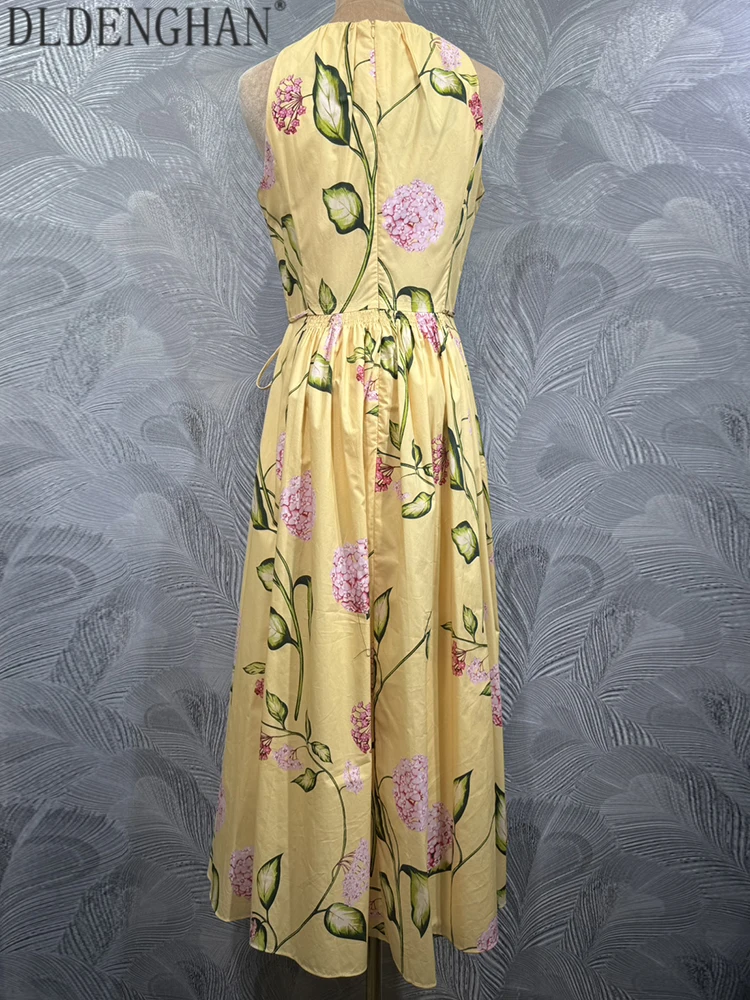 DLDENGHAN Women' High Street O-Neck Sleeveless Decorate Print Draw String Summer Temperament Elegant Dresses