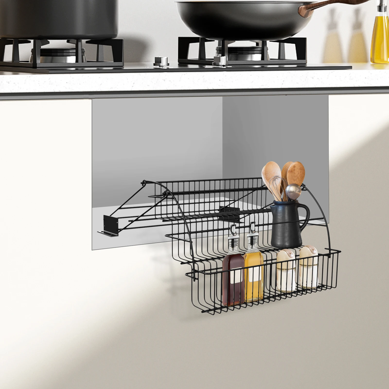 Spice Organizer, 3-Tier Kitchen Spice Rack, Black Countertop Storage Shelf for Spice Bottles, Snacks, Cosmetics, Office Bathroom