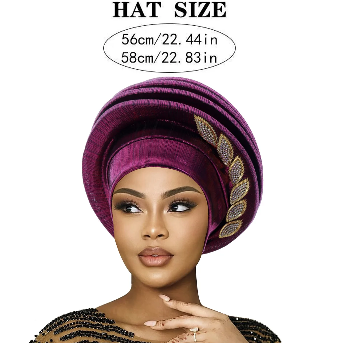 Women African Style Turban Headwrap, Rhinestone Leaf Decor Velvet Head Scarf Cap, Elegant Party Hair Cover for Women