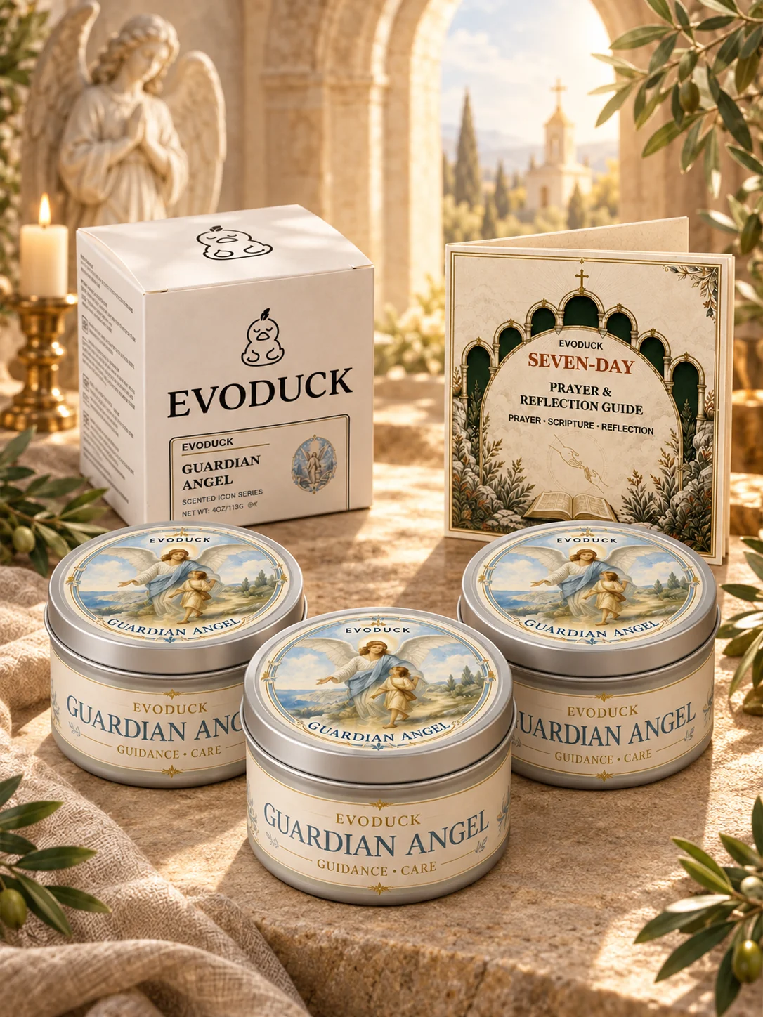 Guardian Angel Candle 3pcs Silver Tin Prayer Scented Candles with Seven Day Prayer Guide Gift Box Angel Guidance Care Catholic Christian Gifts for Baptism Christening First Communion Godchild Godmother New Mom Grandma Religious Home Decor