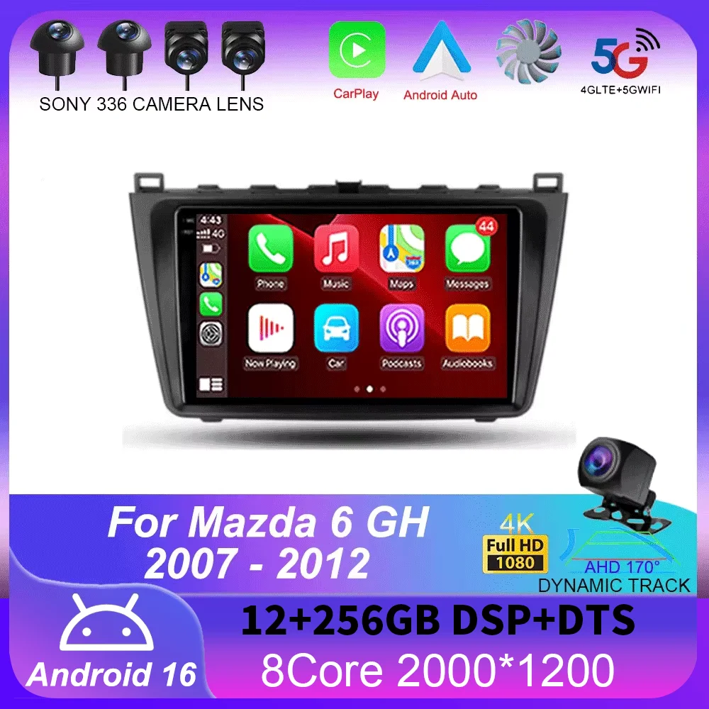 

Android 16 Wireless CarPlay Auto Car Radio For Mazda 6 GH 2007 - 2012 Multimedia Video Player 4G WIFI GPS 360 Camera Navigation