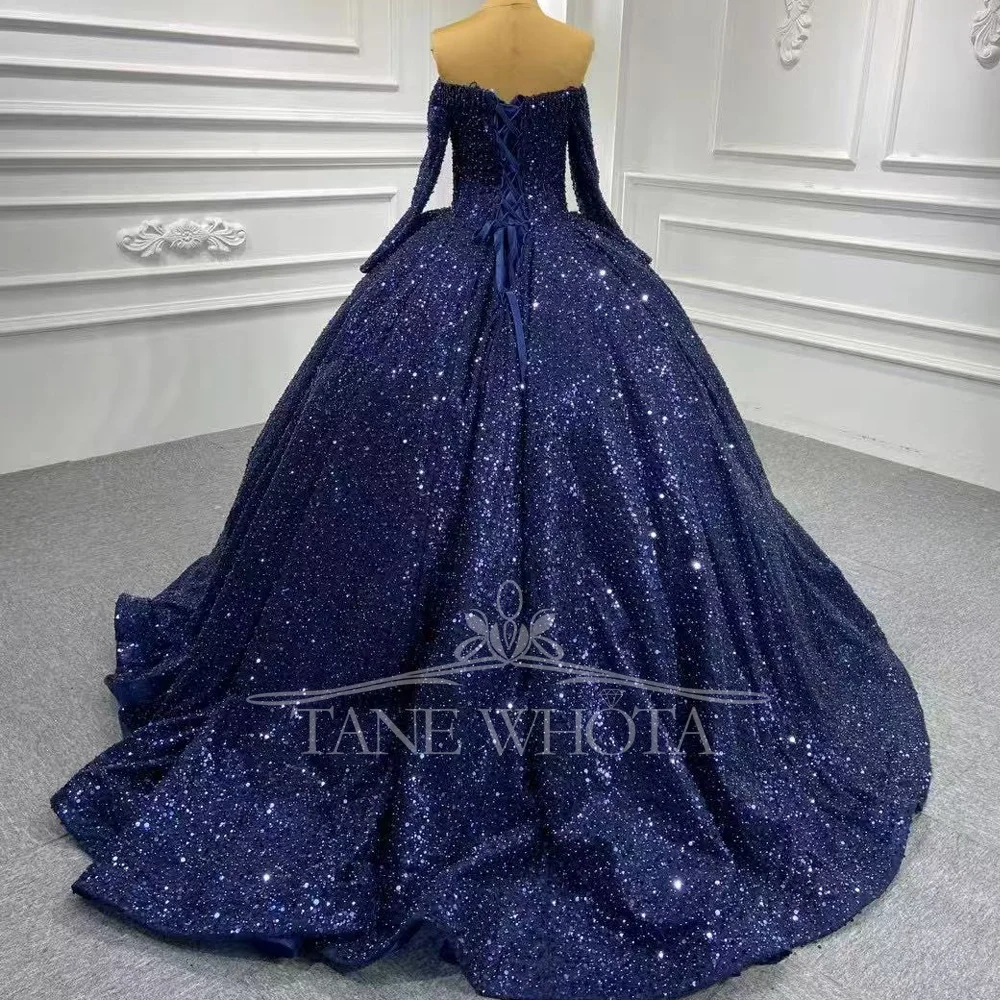 Abito da sera blu navy di lusso 2025 con spalle scoperte maniche lunghe perline abito da ballo con paillettes abiti lunghi da ballo