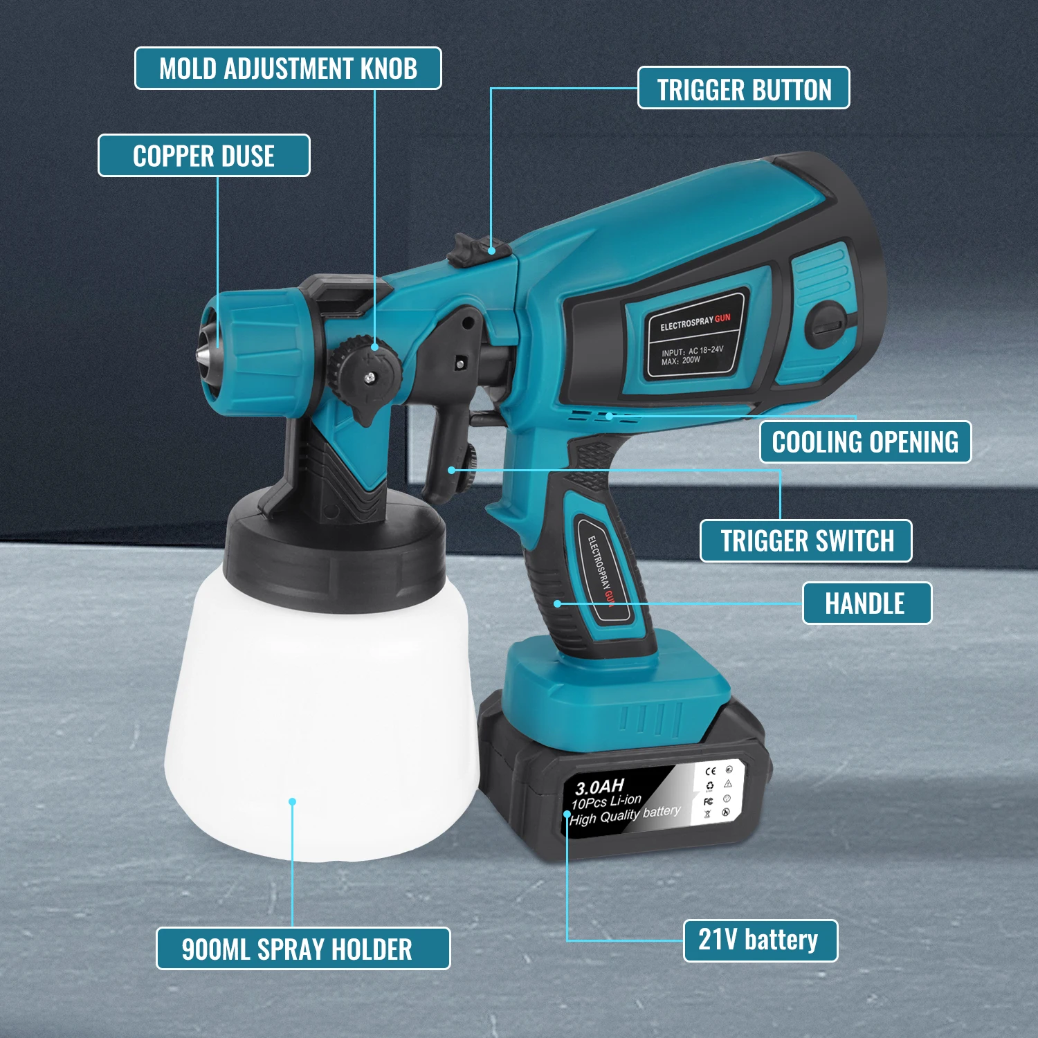 Pistolet de pulvérisation électrique sans fil 900ML, pulvérisateur de peinture portable pour la maison avec contrôle du débit pour la peinture automobile, les meubles et le revêtement de l'acier